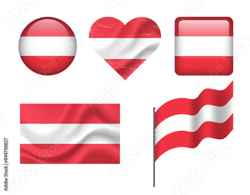 Austria flag - set of icons. Vector flag of Austria, symbol. Set of austrian flags - button, waved, heart. Free Download Austria flag - set of icons. Vector flag of Austria, symbol. Set of austrian flags - button, waved, heart. - GFXLoad