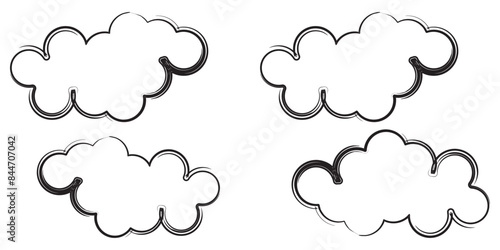 Cloud Vector Set. Sketch Flat Cartoon Style. Line Abstract Elements, Cloudy Collection. Different Contour Clouds Sky. Symbol For Design, Isolated On Transparent Background.