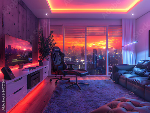 Dies ist ein Bild von einem luxuriösen Wohnzimmer mit Blick auf die Stadtsilhouette und einer modernen Gaming-Ausstattung.