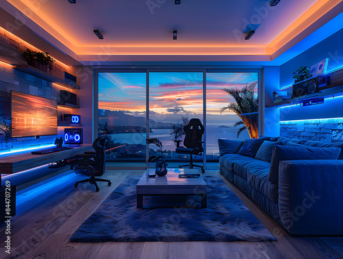 Das Bild zeigt ein modernes Wohnzimmer mit einem blauen Sofa, einer Glaswand und einem Blick auf einen Sonnenuntergang über dem Ozean.