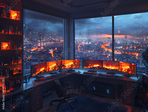 Einen gut beleuchteten Raum mit einem großen Schreibtisch, auf dem mehrere Monitore stehen, die eine nächtliche Stadtszene anzeigen, die von roten Lichtern beleuchtet wird.