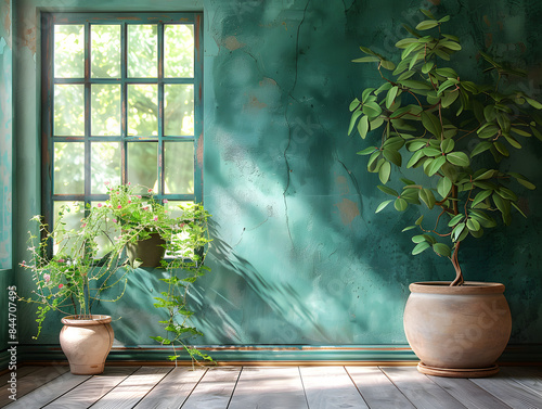 Einen Raum mit einem großen Fenster, durch das Sonnenlicht hereinströmt, zwei Topfpflanzen mit grünen Blättern, eine braune und eine weiße, sowie eine grüne Wand.