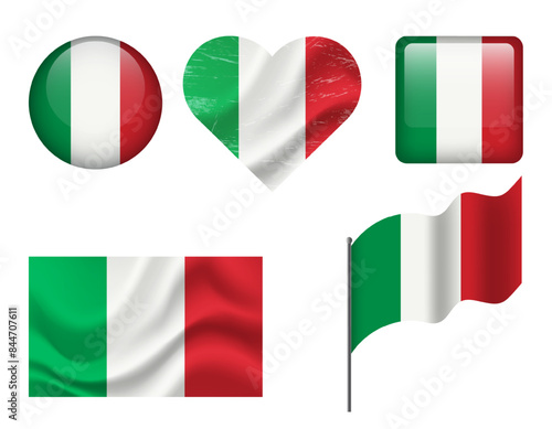 Free Download Italy flag set of icons. Vector flag of Italy, symbol. Set of italian flags button, waved, heart. - GFXLoad