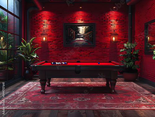 Einen Billardtisch in einem Raum mit einer Ziegelwand, einem roten Teppich und einem Buntglasfenster.
