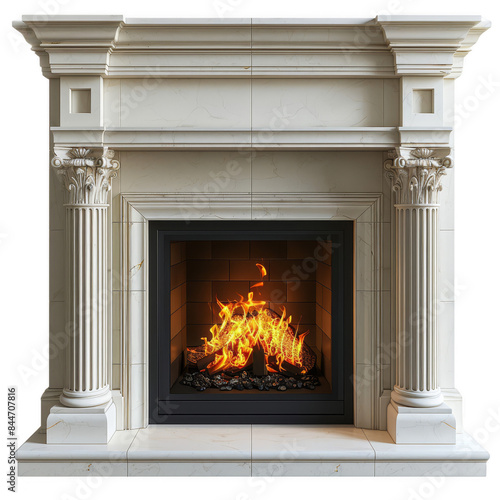 Elegant marble fireplace with a roaring fire, showcasing classical architectural details and intricate designs, perfect for cozy home interiors.