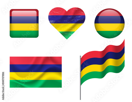 Free Download Mauritius flag set of icons. Vector flag of Mauritius, symbol. Set of Mauritius flags button, waved, heart. - GFXLoad