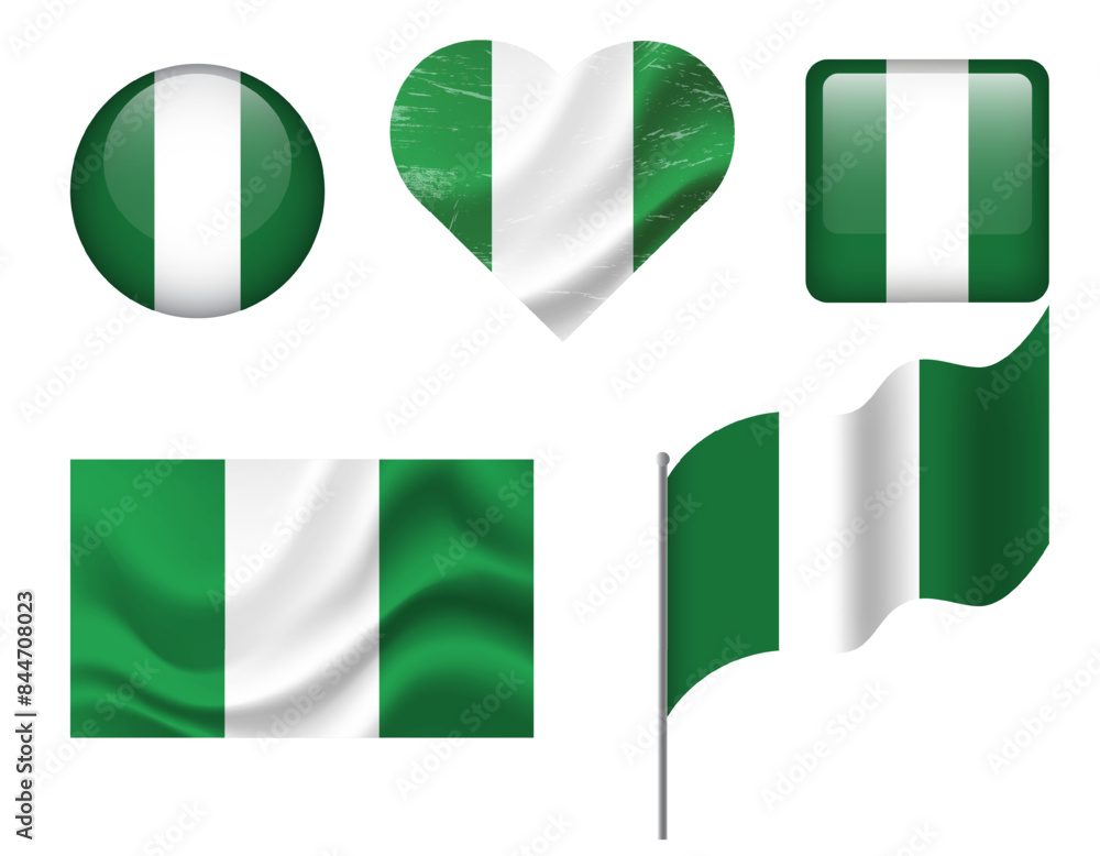 Nigeria flag set of icons. Vector flag of Nigeria, symbol. Set of Nigerian flags button, waved, heart. Nigeria flag set of icons. Vector flag of Nigeria, symbol. Set of Nigerian flags button, waved, heart.
