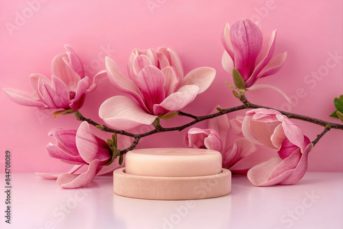 Pink magnolia flowers and wooden pedestal on a pink background. High quality photo