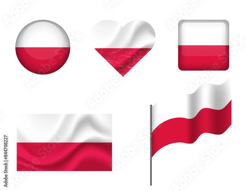 Free Download Poland flag - set of icons. Vector flag of Poland, symbol. Set of Polish flags - button, waved, heart. - GFXLoad