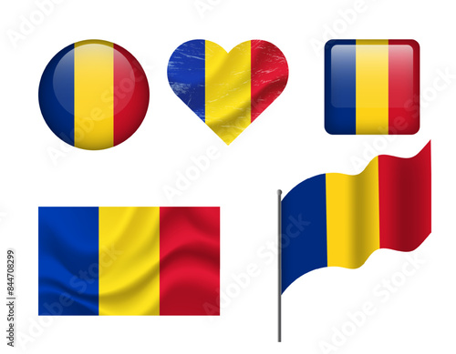 Free Download Romania flag - set of icons. Vector flag of Romania, symbol. Set of romanian flags - button, waved, heart. - GFXLoad