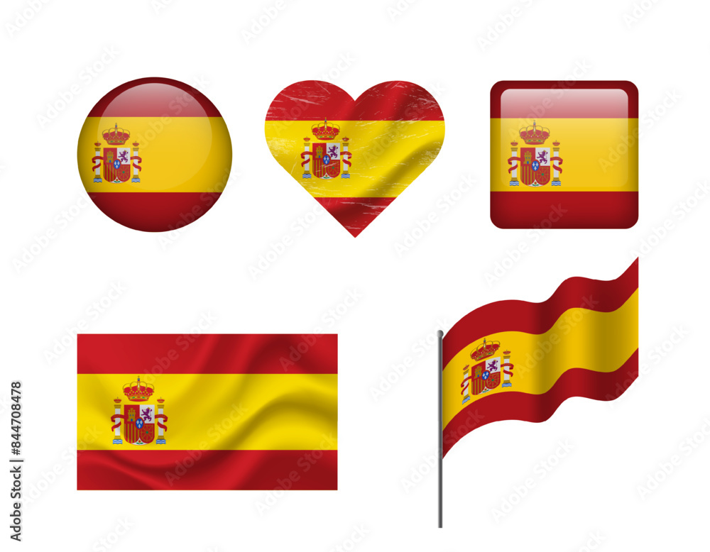 Spain flag - set of icons. Vector flag of Spain, symbol. Set of spanish flags - button, waved, heart.
