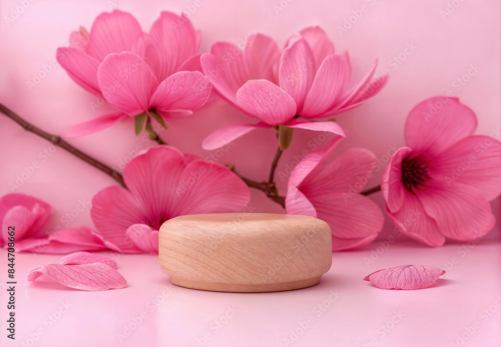 Pink magnolia flowers with a wooden platform on a soft pink background. High quality photo Pink magnolia flowers with a wooden platform on a soft pink background. High quality photo