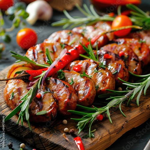 The concept of farm-based, environmentally friendly products. Juicy delicious sausage on a wooden board.