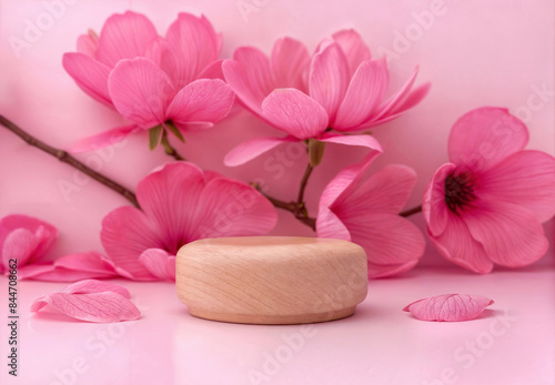 Pink magnolia flowers with a wooden platform on a soft pink background. High quality photo