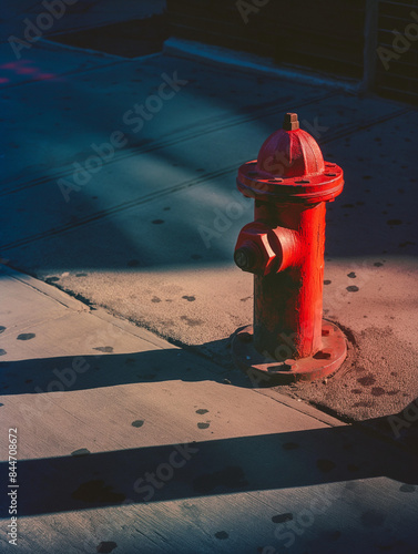 A red fire hydrant on the sidewalk casting long shadows, photo taken with provia film in the style of oshare kei street photography photo