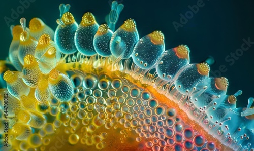 A close-up, high-resolution microscopic image capturing the intricate details of a pollen grain photo