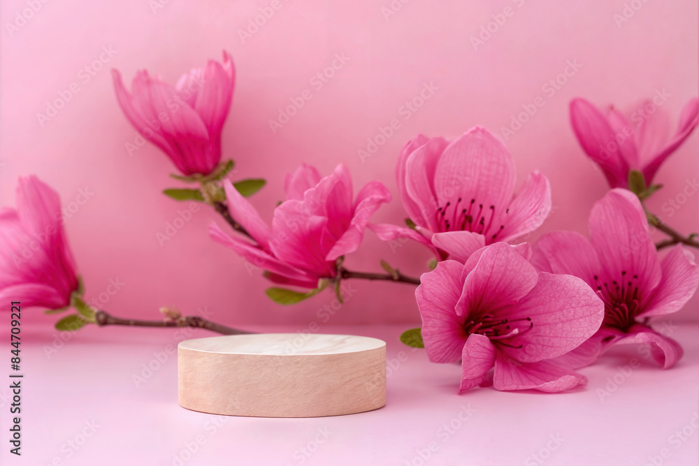 Wooden display surrounded by pink flowers on a pink background. High quality photo Wooden display surrounded by pink flowers on a pink background. High quality photo