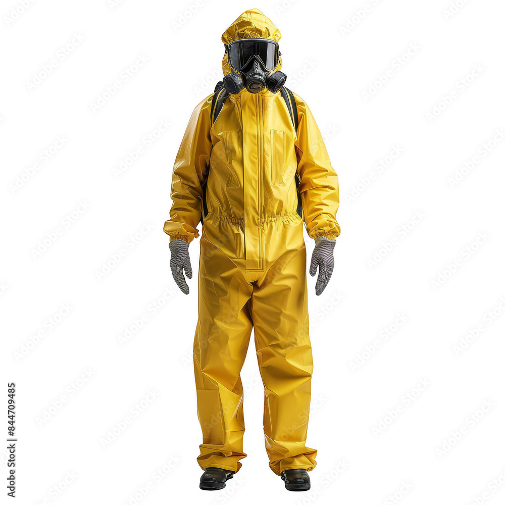 Naklejka premium Person wearing a yellow hazmat suit and protective mask, ready for chemical handling. Full-body safety gear isolation.