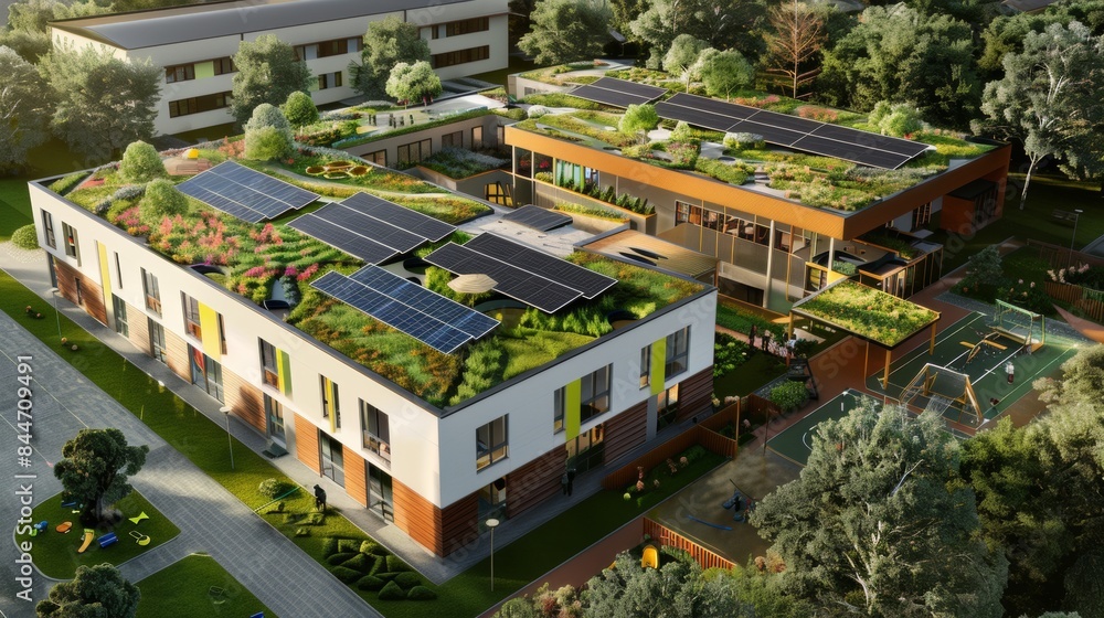 Modern eco-friendly building complex with solar panels, rooftop gardens, green spaces, playground, and trees, showcasing sustainable architecture, renewable energy, and urban green living. Modern eco-friendly building complex with solar panels, rooftop gardens, green spaces, playground, and trees, showcasing sustainable architecture, renewable energy, and urban green living.