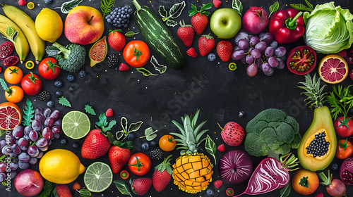 wallpaper or Frame of different exotic fruits on background  Space for text