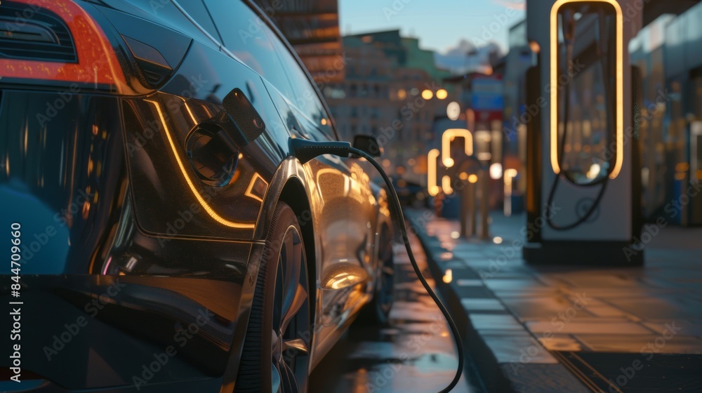 Electric car charging at a station in an urban setting, showcasing modern vehicle technology, sustainability, and the future of transportation and clean energy. Electric car charging at a station in an urban setting, showcasing modern vehicle technology, sustainability, and the future of transportation and clean energy.