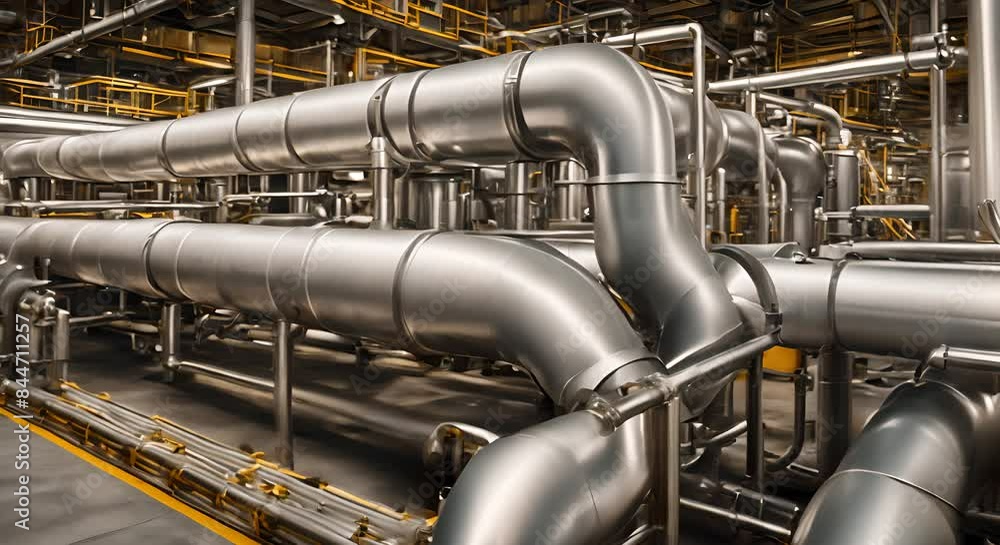A maze of interconnected stainless steel pipes in an industrial warehouse showcasing complex engineering 4k A maze of interconnected stainless steel pipes in an industrial warehouse showcasing complex engineering 4k