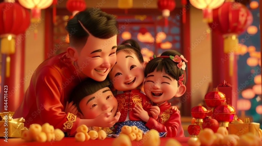 Fototapeta premium 3D illustration of Asian family celebrating Lunar New Year together