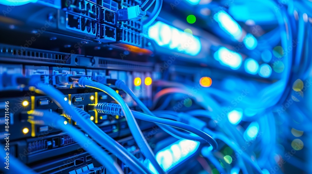 A close-up of a computer network server room, with rows of servers connected by cables. A close-up of a computer network server room, with rows of servers connected by cables.