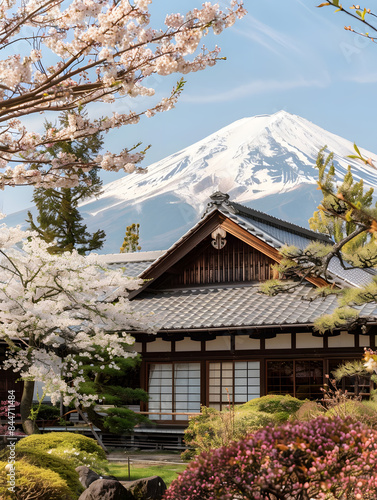 japanese temple in the morning with mount fuji as a background