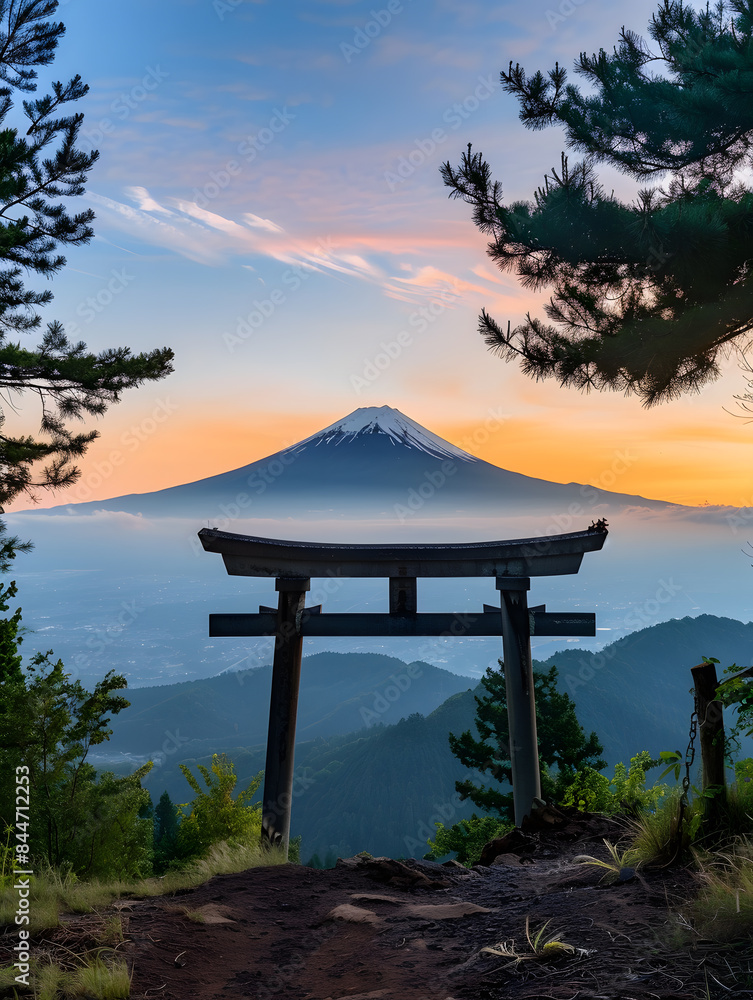 Obraz premium japanese temple in the morning with mount fuji as a background