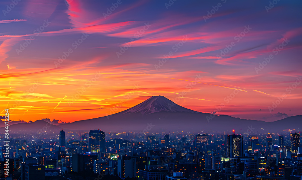 Naklejka premium japanese temple in the morning with mount fuji as a background