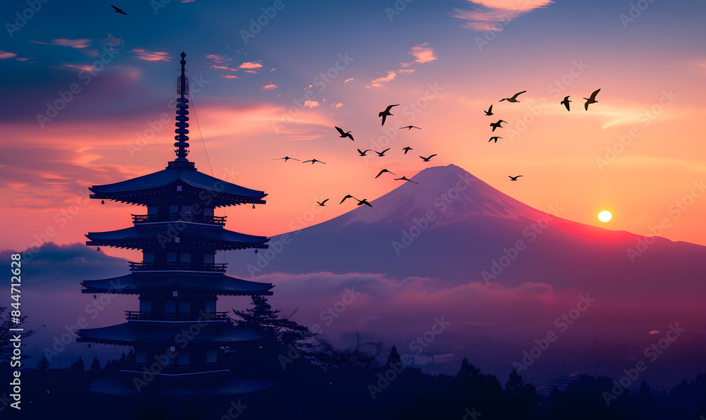japanese temple in the morning with mount fuji as a background japanese temple in the morning with mount fuji as a background