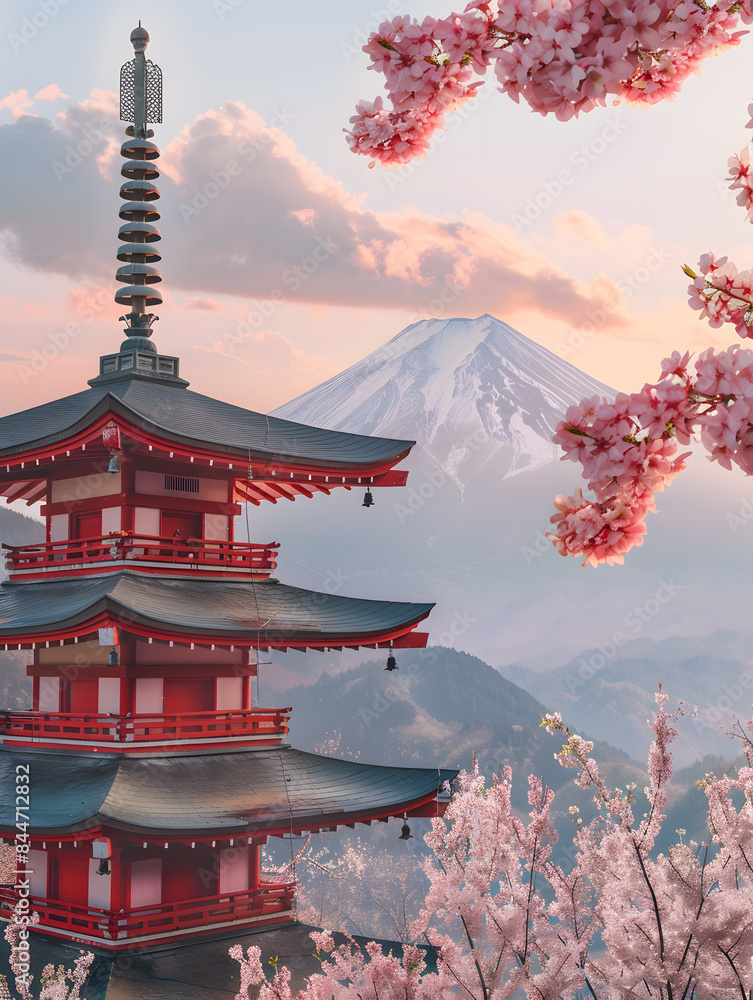 japanese temple in the morning with mount fuji as a background japanese temple in the morning with mount fuji as a background