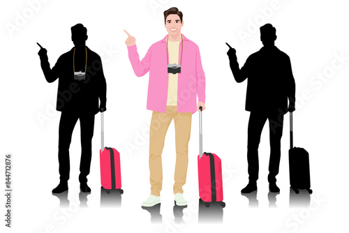 Young man tourist pointing his finger to the side. Male in casual clothes with a suitcase. Young male traveler goes on a journey. Vector illustration isolated on white