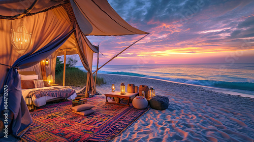 Fototapeta Naklejka Na Ścianę i Meble -  A luxurious glamping setup on a beach at sunset, complete with cozy furnishings and lanterns.