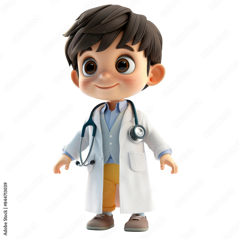 Charming 3D-rendered child character wearing a doctor coat and stethoscope, looking ready to diagnose patients. Isolated on a transparent background. PNG, File Charming 3D-rendered child character wearing a doctor coat and stethoscope, looking ready to diagnose patients. Isolated on a transparent background. PNG, File