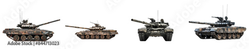 T-80 tank isolated on transparent png background. Four tanks are lined up in a row