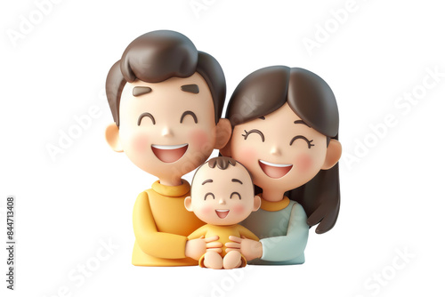 3D Family of Three with Baby Smiling Lovingly. Adorable 3D-rendered family of three, including a mother, father, and baby, all smiling and showing love. Isolated on a transparent background. PNG, File