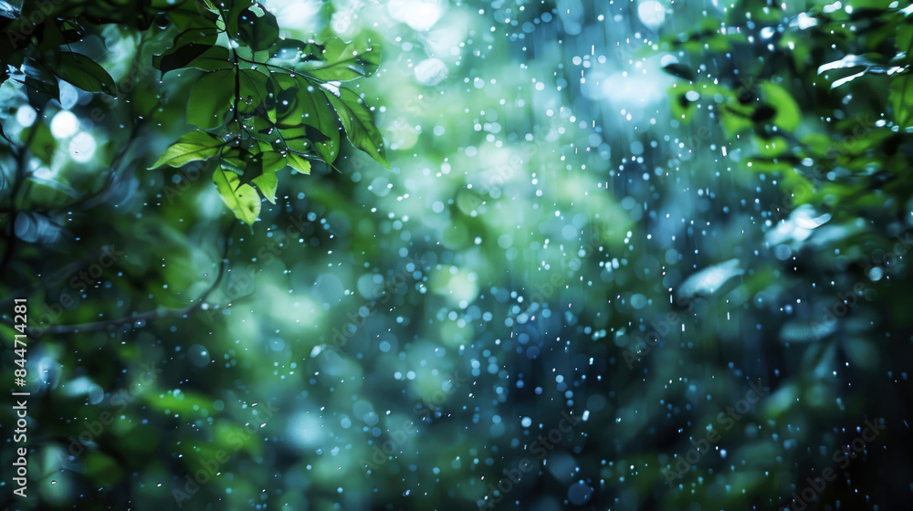 Verdant leaves with sparkling raindrops, bokeh effect in the background. Verdant leaves with sparkling raindrops, bokeh effect in the background.