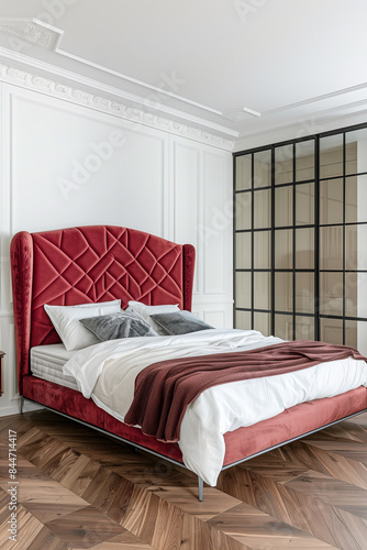 Modern style bedroom with a velvet red bed photo