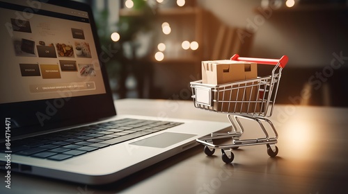 Shopping cart on laptop. Online shopping and e-commerce concept