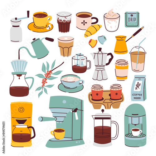 Hot and cold different types of coffee drinks set. Espresso, americano, cappuccino, latte, dalgona, cold brew, pour-over, french press. Hand drawn vector illustrations isolated on white background