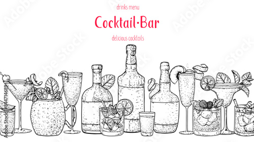 Alcoholic cocktails frame. Hand drawn vector illustration. Cocktails sketch set. Engraved style.