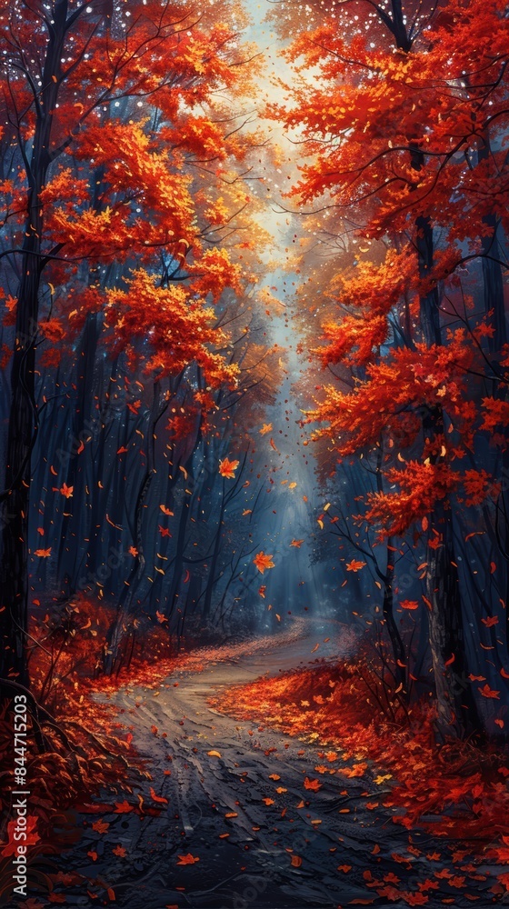 Fototapeta premium A vibrant autumn forest with falling leaves and a winding path in the background. 