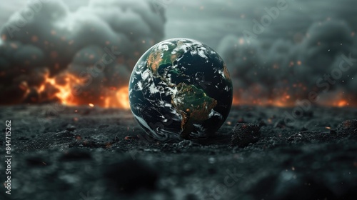 Fototapeta Naklejka Na Ścianę i Meble -  Sad planet, Pollution concept. Plant, machinery, petroleum, emissions, dirty air, landfill, Save the planet, generative ai