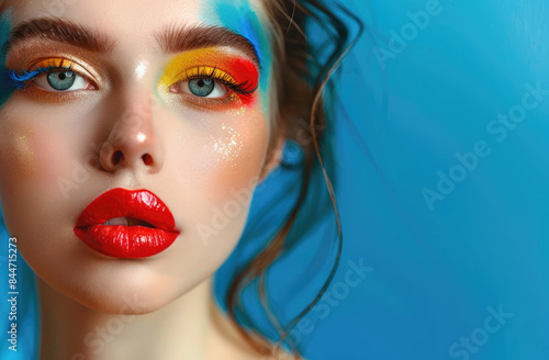 Close up portrait of beautiful korean woman with colorful makeup on face, red lips and yellow eye shadow against blue background