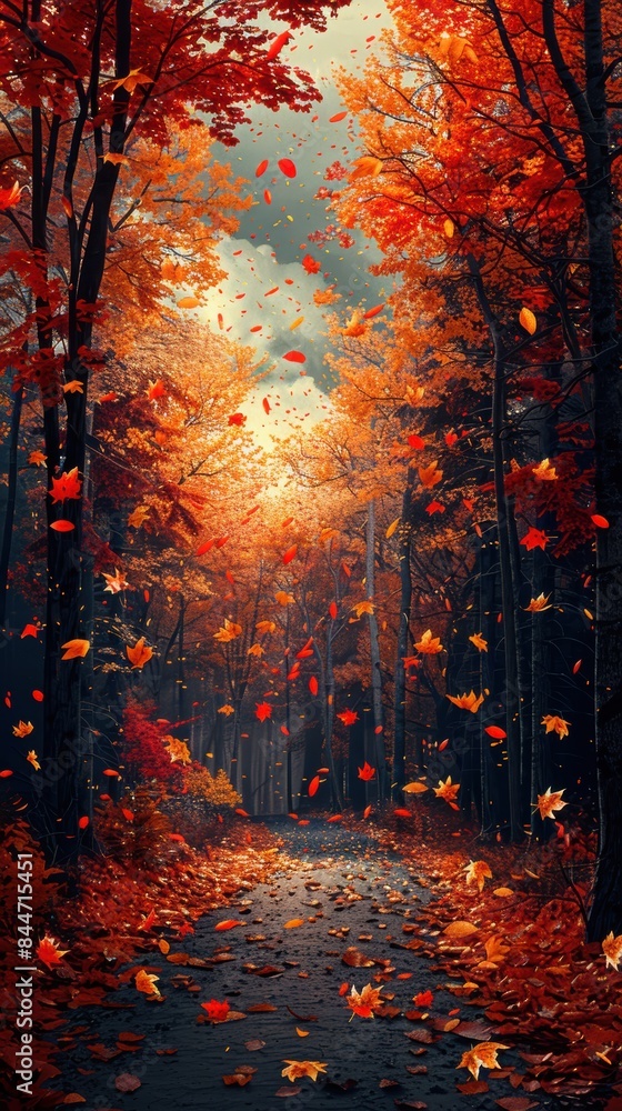 Fototapeta premium A vibrant autumn forest with falling leaves and a winding path in the background. 