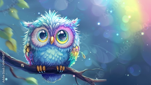 Cute cartoon owl with colorful feathers, sitting on a branch with a rainbow in the background