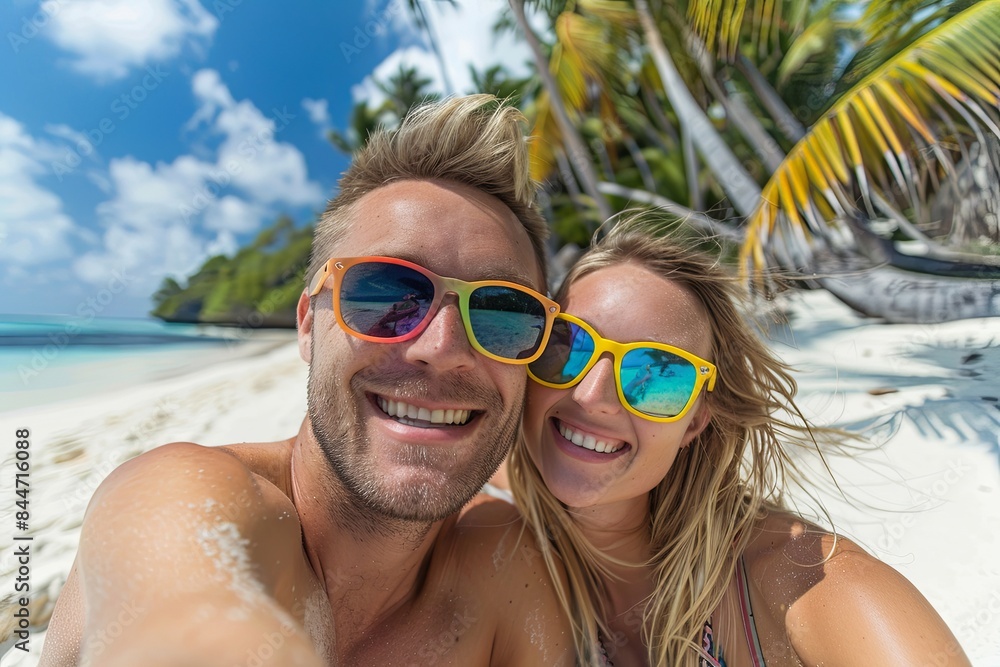 Beautiful and happy smiling couple take a selfie under the palm tree on the beach wearing colorful sunglasses Beautiful and happy smiling couple take a selfie under the palm tree on the beach wearing colorful sunglasses