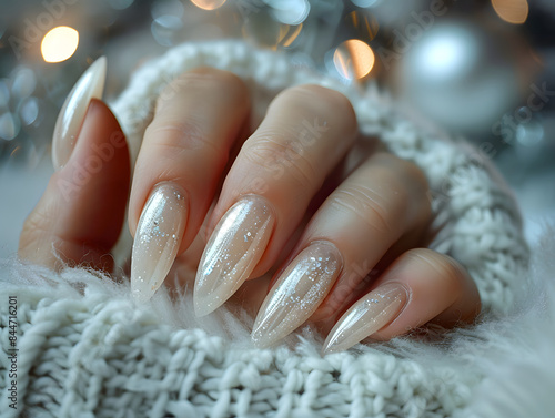 Eine Nahaufnahme der Hand einer Frau mit langen, weißen, glitzernden Nägeln.